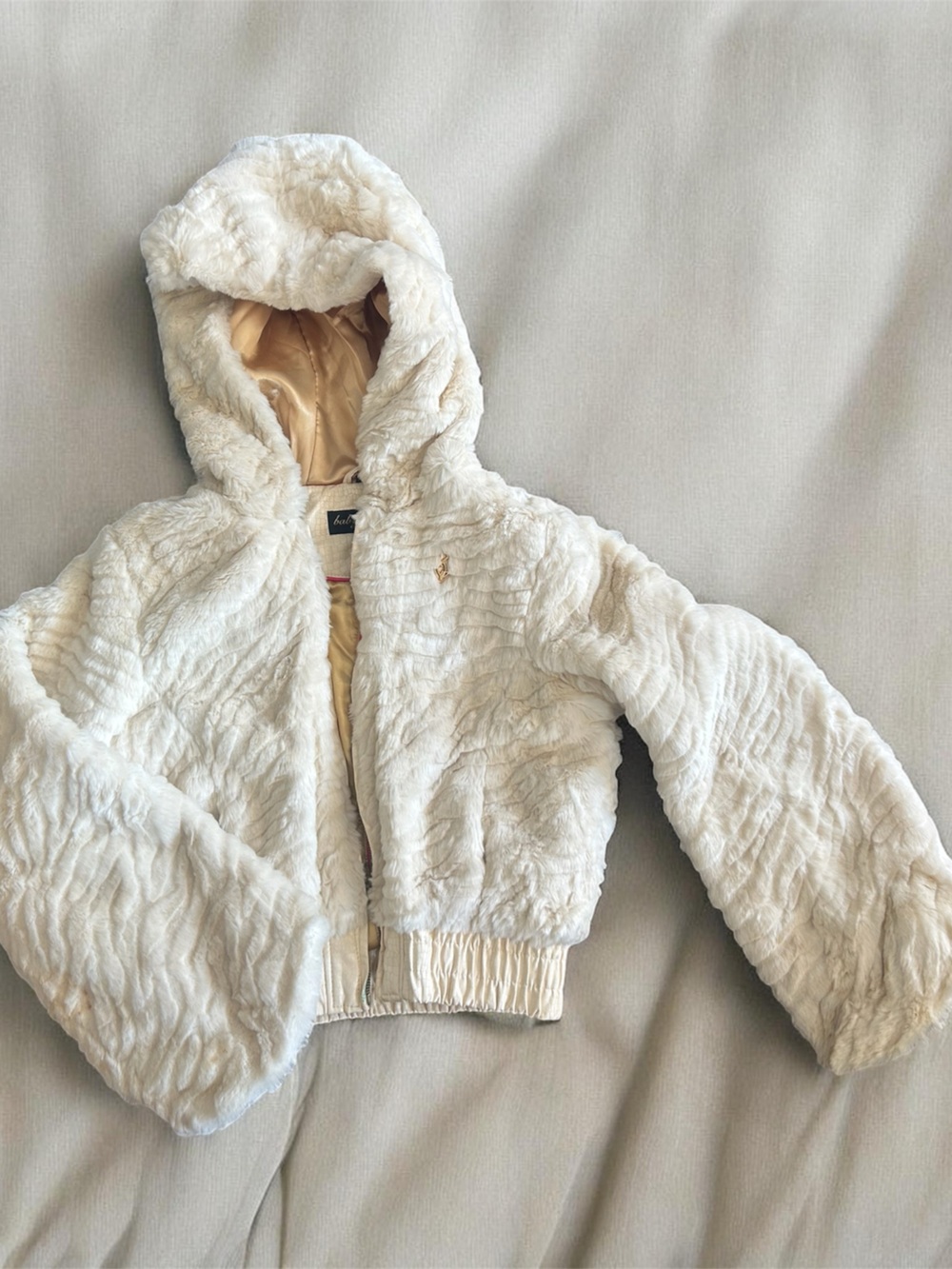 vintage Y2K Baby Phat girls' cream faux fur hooded jacket.